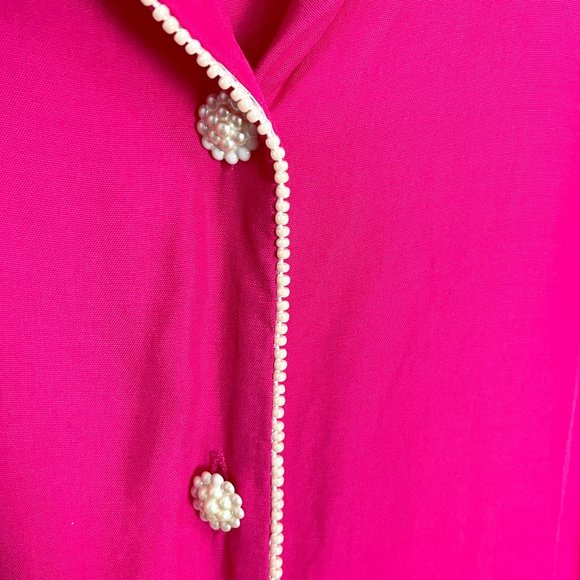 Vintage 80s Fuchsia Blouse by Suburbans – Pearl Cluster Buttons, Beaded Trim - Picture 5 of 8